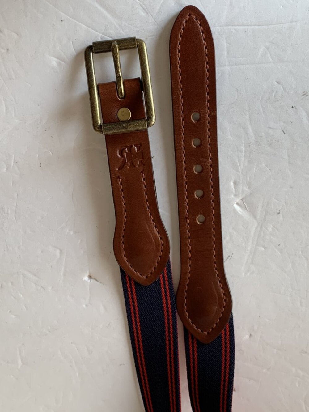VINTAGE NAVY BLUE & RED ELASTIC STRETCH BELT – LEATHER TRIM – BRASS BUCKLE
